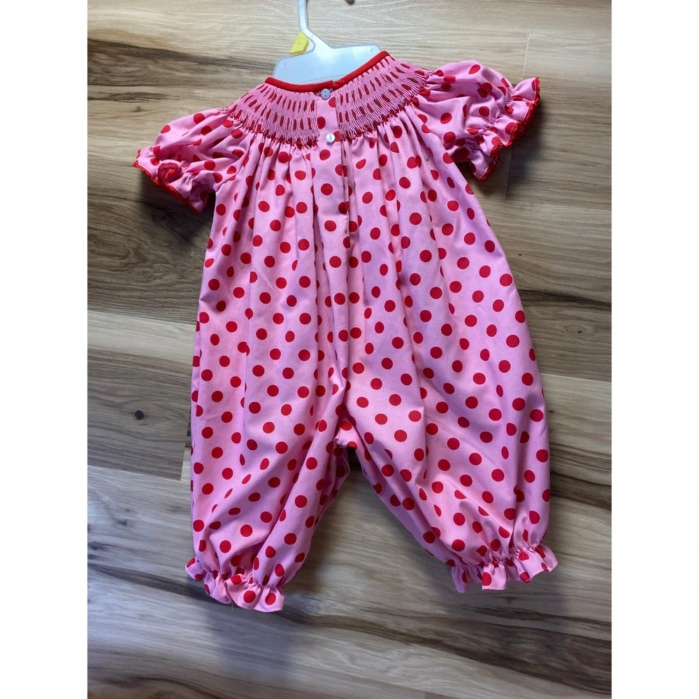 Southern Sunshine Smocked Santa Christmas Romper Pink Red Polka Dot 9M FH22-3723